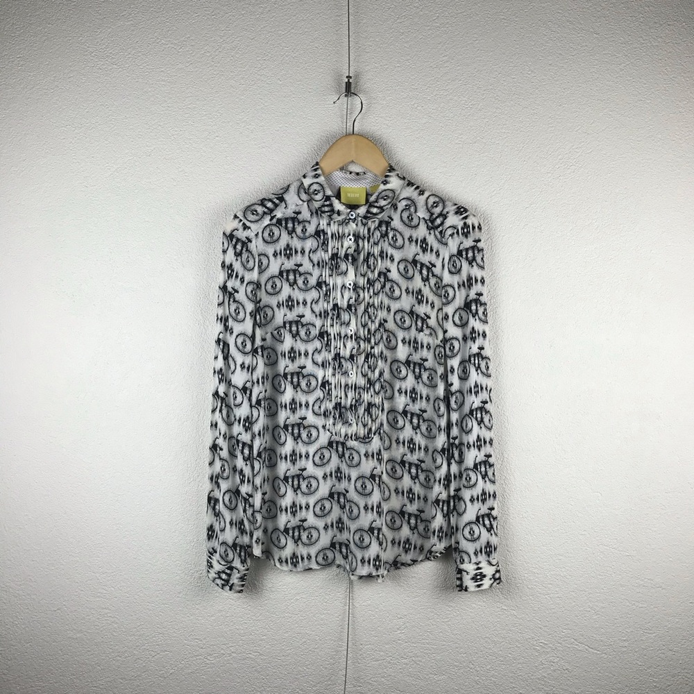 Anthropologie l 2 Maeve Novelty Bicycle Pintuck Collar Button Down Blouse Shirt